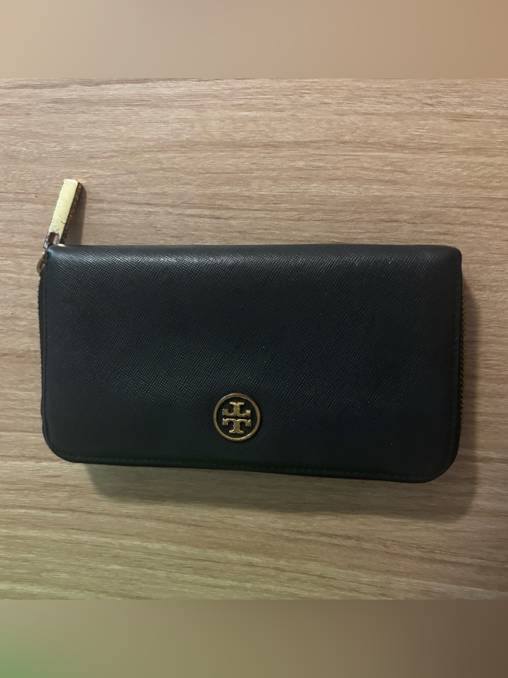 Tory Burch Black Saffiano Zip-Around Wallet with Gold Emblem